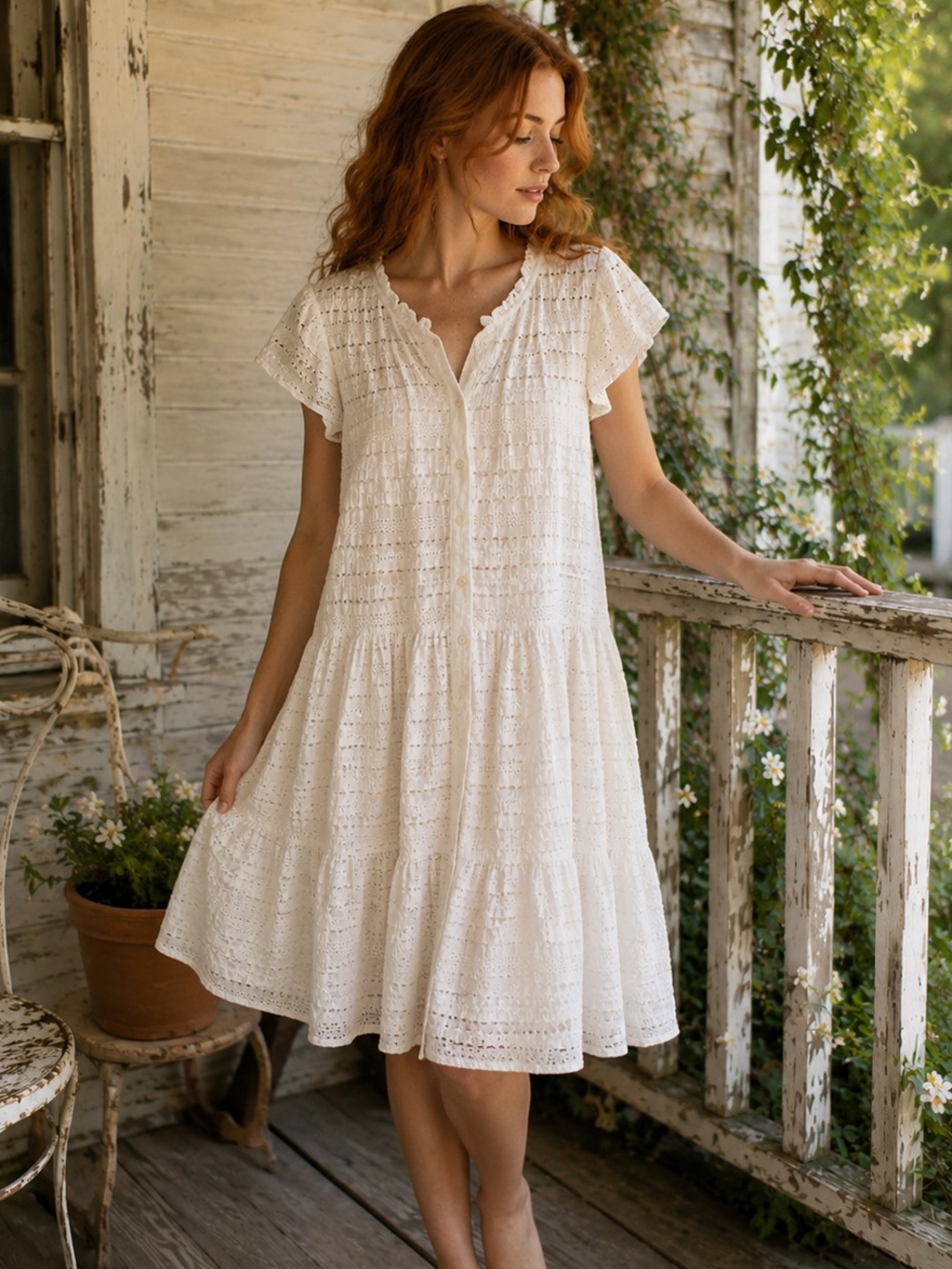 DYLAN by True Grit ❤️ White Eyelet Button Front Midi Dress